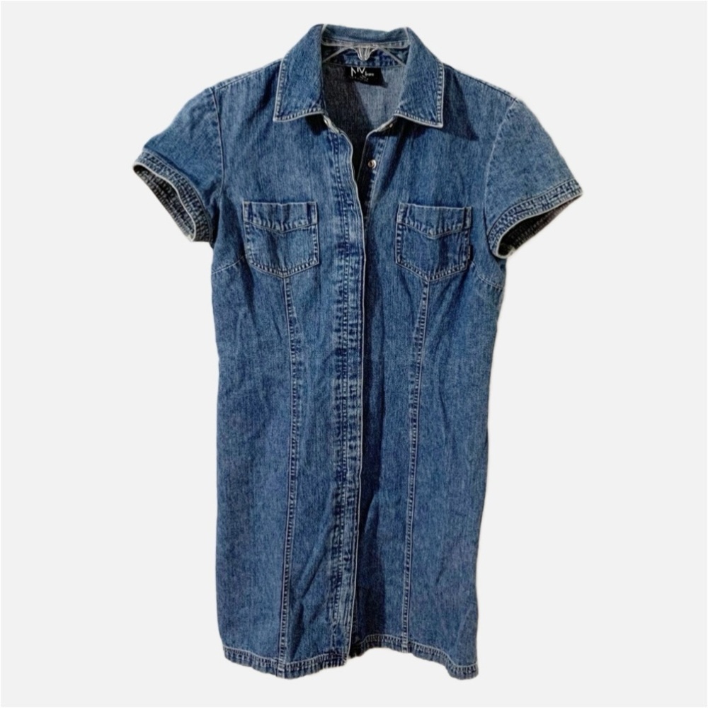 New York and Company Short Sleeve Snap Front Pointed Collar Denim Jean Dress
